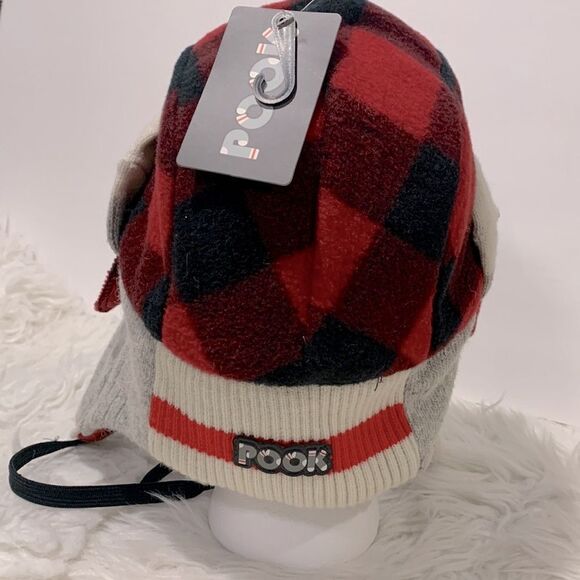POOK Red Plaid Reversible Polar Fleece Bomber Style Trapper Hat unisex - Picture 3 of 10